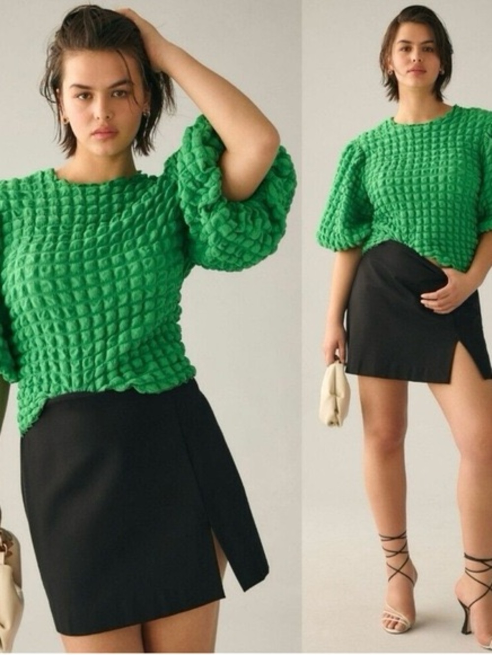 Eri + Ali Anthropologie Textured Puff-Sleeve Top in Green